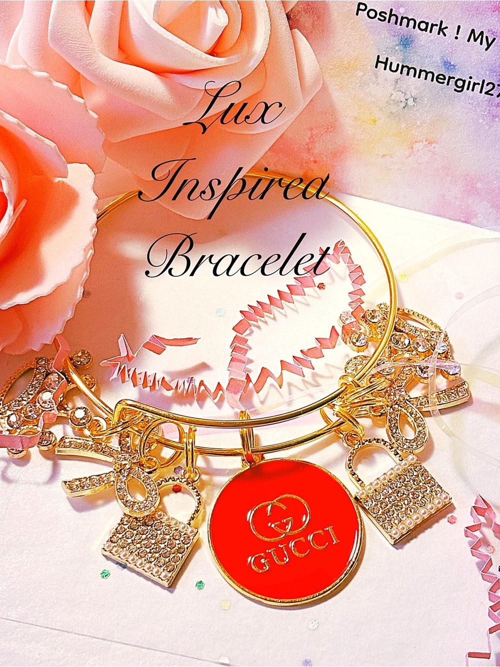 Gold charm bangle bracelet/gold purses/gifts/girly/